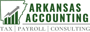Logo for Arkansas Accounting featuring a bar graph with an upward arrow over an outline of Arkansas, and the words Tax, Payroll, and Consulting below.